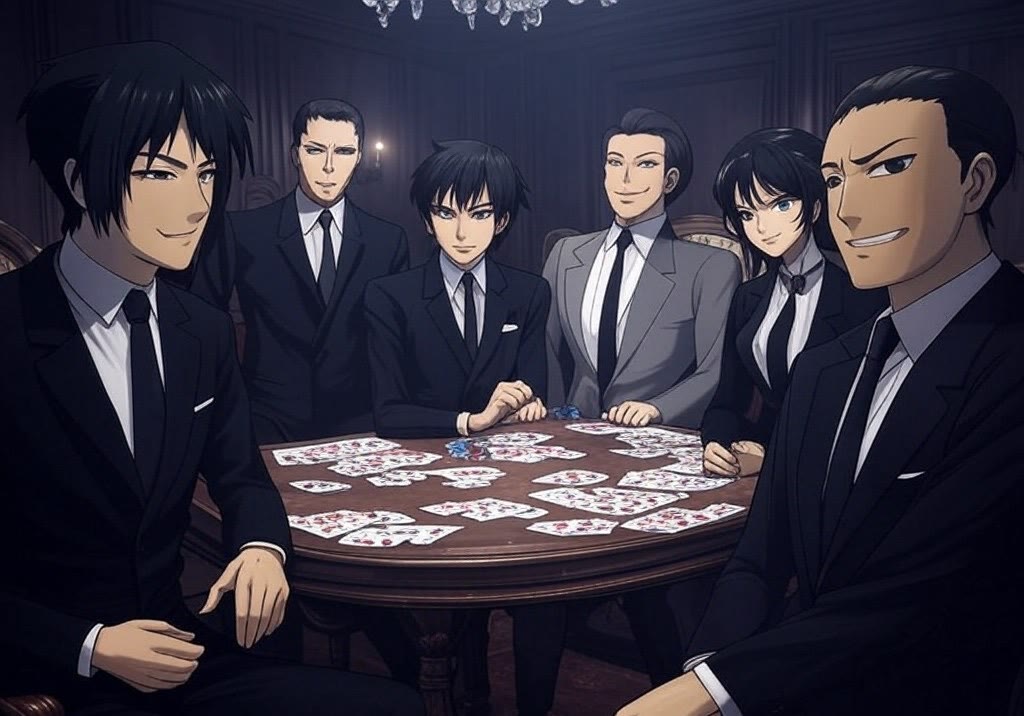A second table, cards face up in front of six seated players