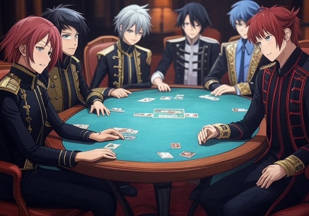 Seven players around a green baize table, cards dealt face up